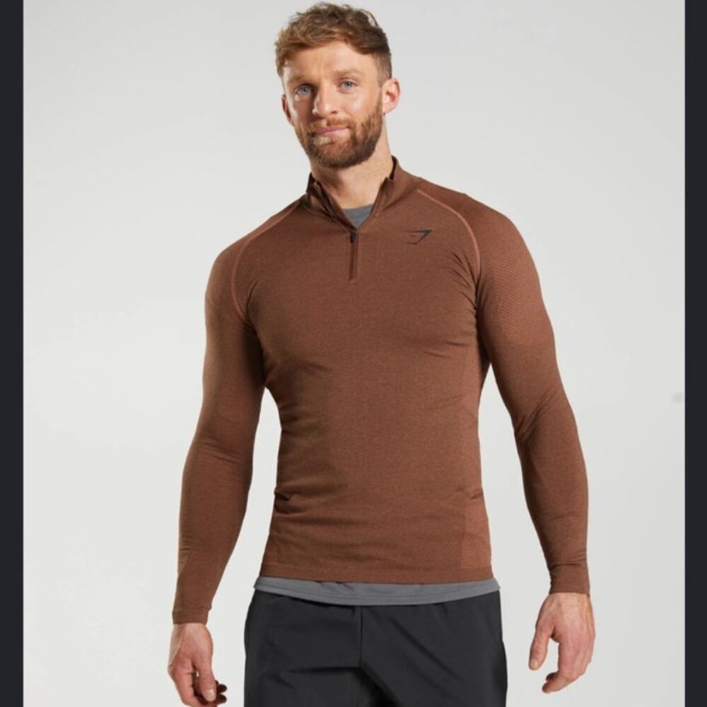 Gymshark Vital 1/4 Zip in Persimmon Red/Truffle Brown long sleeves